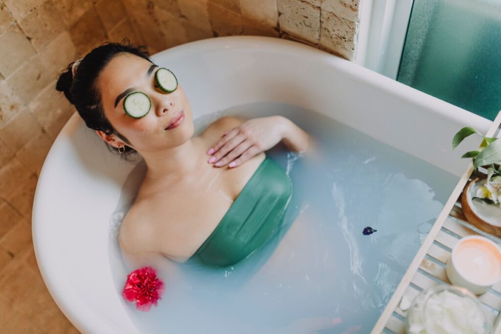 Woman in bubble bath