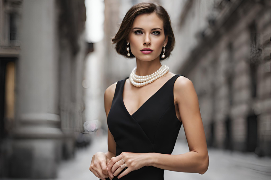 Elegant woman in black sheath dress and pearls