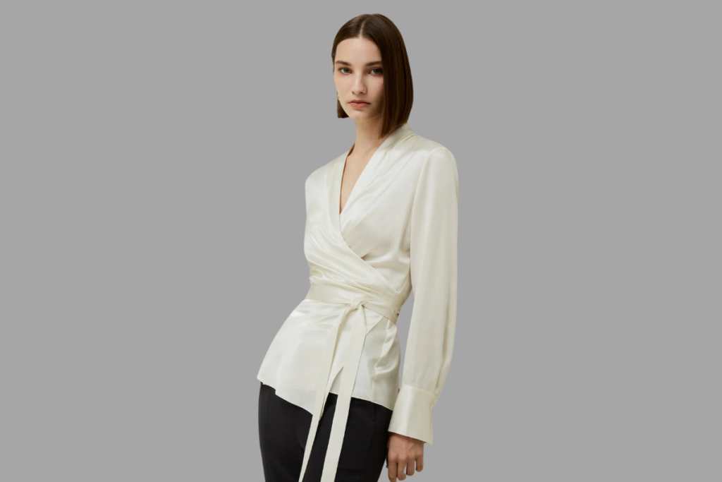 white silk wrap blouse