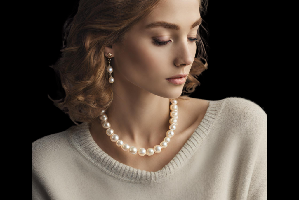 woman in pearls and sweater