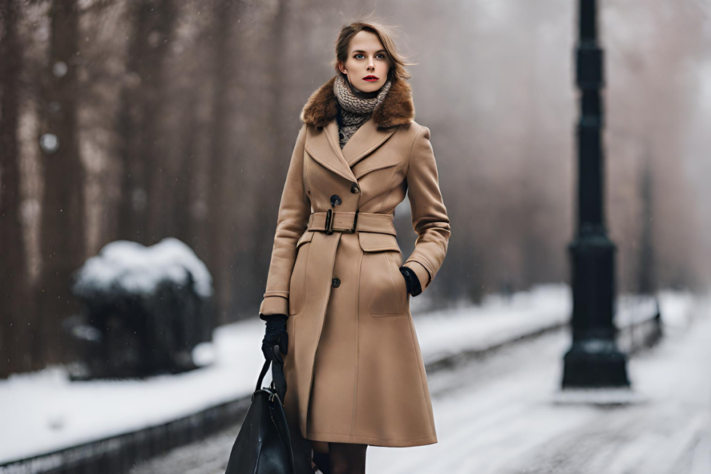woman in wool coat in snow