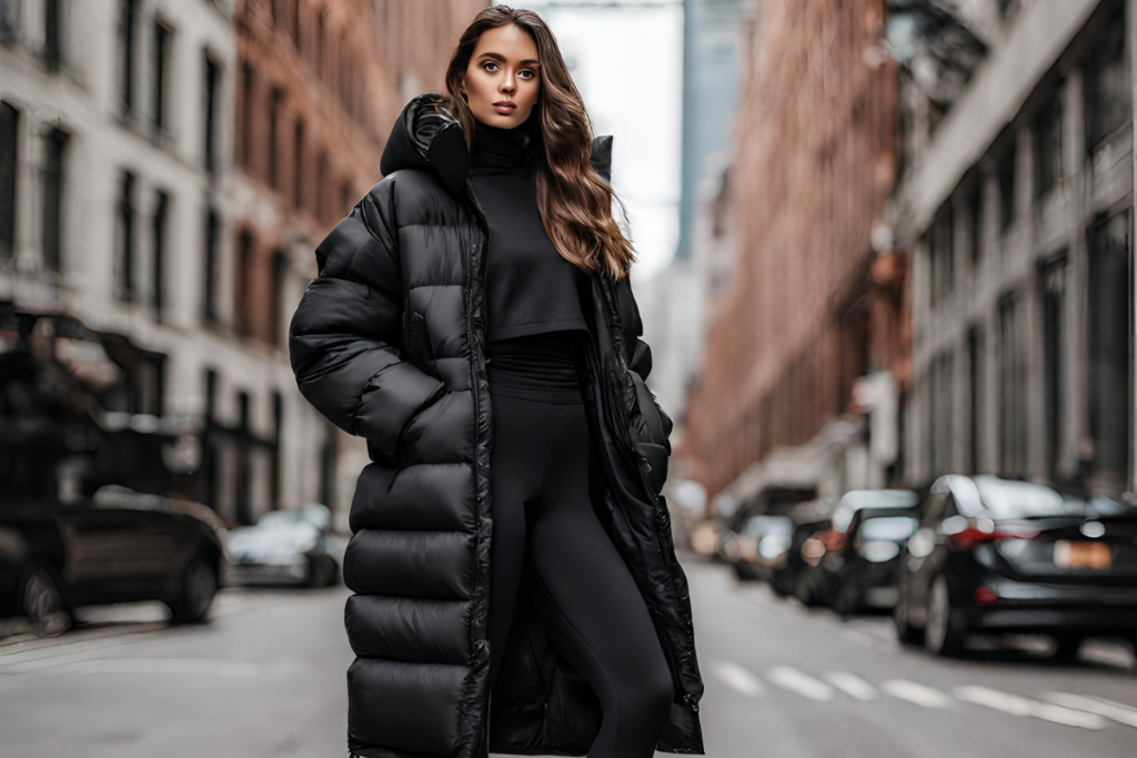 all black puffer coat, cropped top and leggings