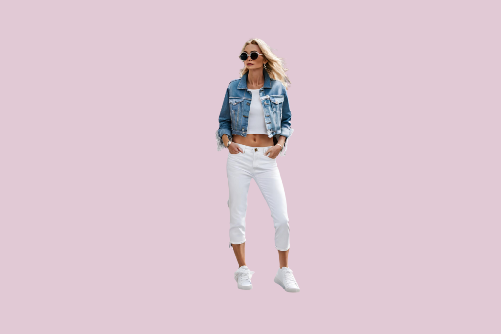 woman in denim jacket, t shirt and white jeans and  sneakers