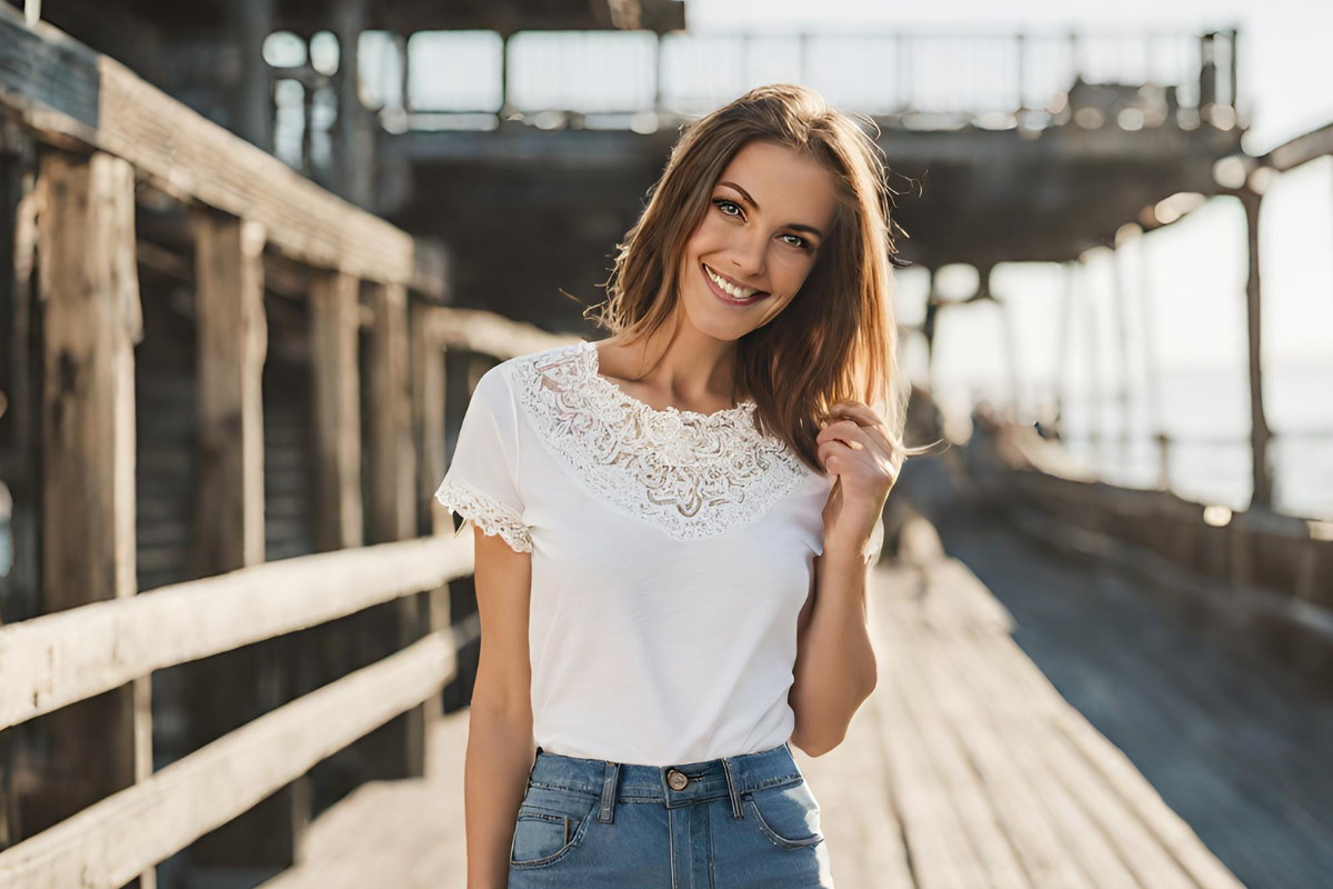woman in lace t-shirt