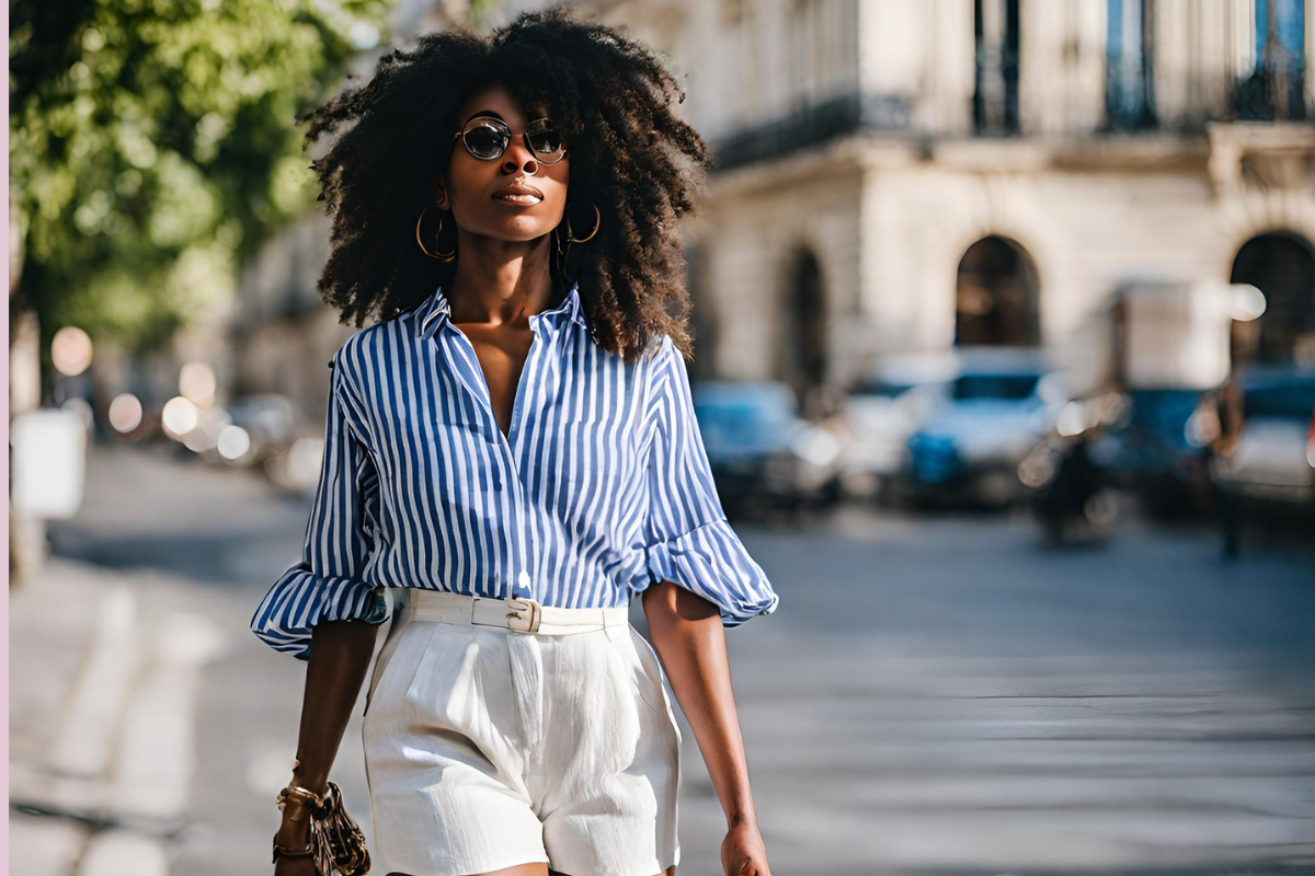 woman in blue and white stripe shirt