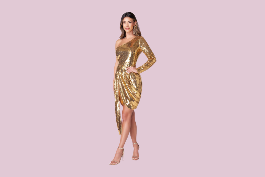 sequin one shoulder gold dress by Bebe